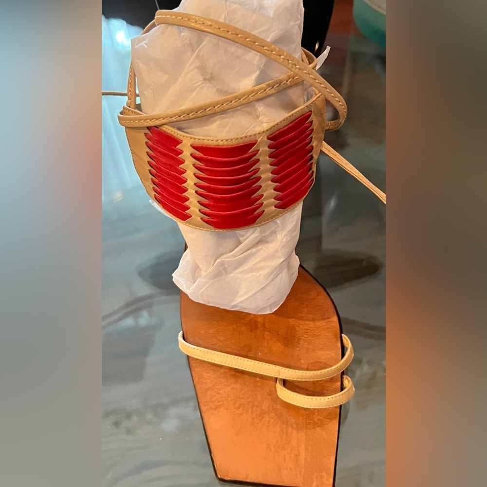 Diego Dolcini strap up ankle sandal. Color: Tan/Red 3 in heel.